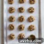 Simply Irresistible Chewy Oatmeal Chocolate Chip Cookies 6 Oatmeal chocolate chip cookie dough balls lined up next to each other in three straight rows.