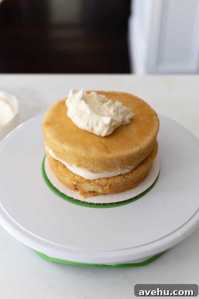 Your Guide to Stunning Floral Naked Cakes 4 A two-layer cake with a visible layer of white buttercream frosting on a white turntable.