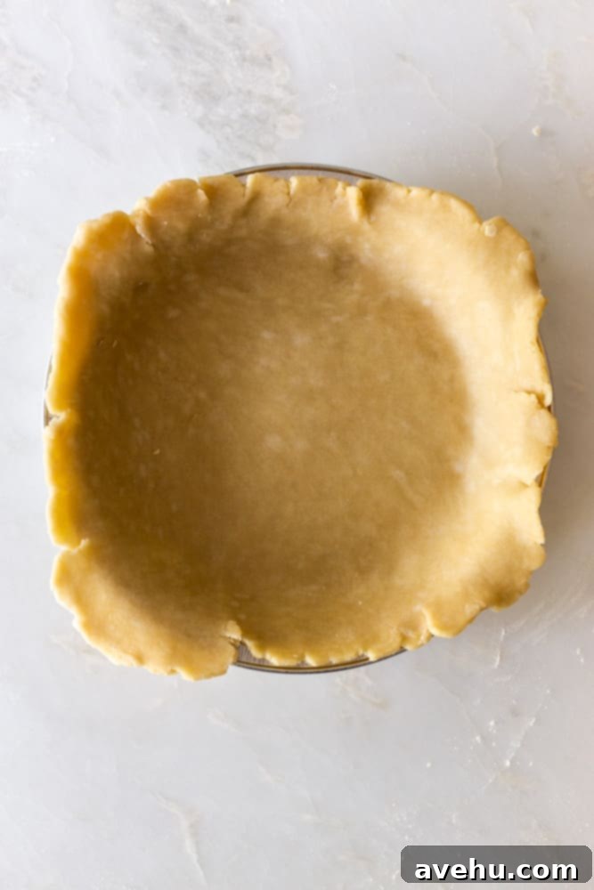 Layers of Perfection: Flaky Pie Crust 13 An untrimmed, perfectly draped pie crust resting within a classic tin pie pan, ready for the next steps of trimming and crimping.