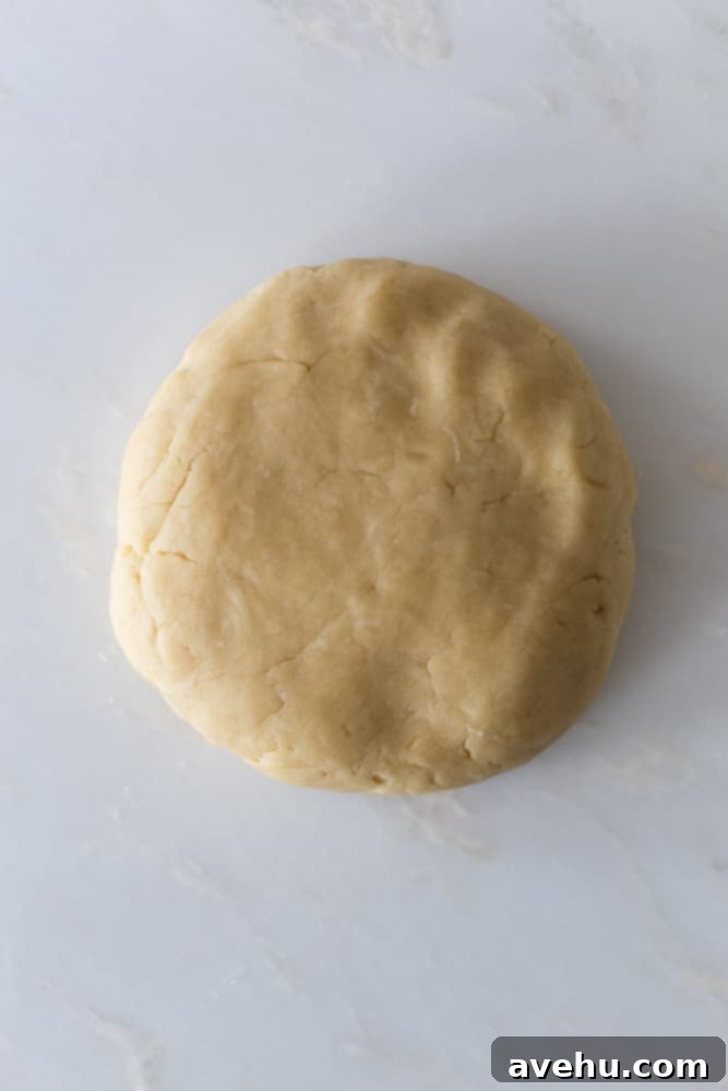 Layers of Perfection: Flaky Pie Crust 8 A perfectly formed disc of pie dough resting on a white surface, lightly floured, showcasing its readiness for chilling.