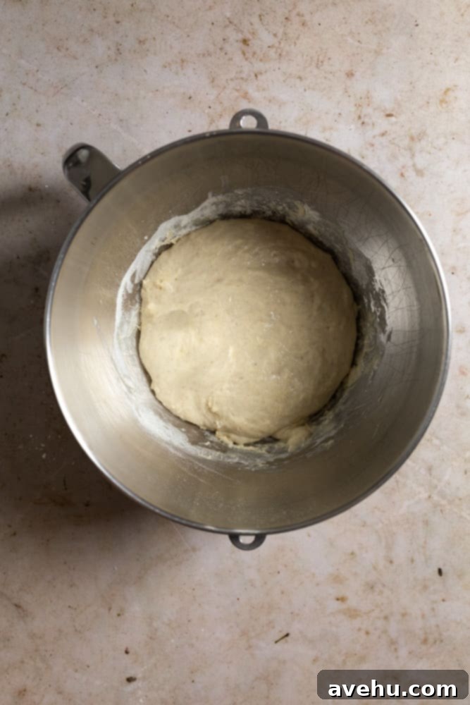 Homemade Challah Perfection 5 Yeast mixture and flour visibly doubled in size and foamy in a mixing bowl after the first rise, indicating active yeast.