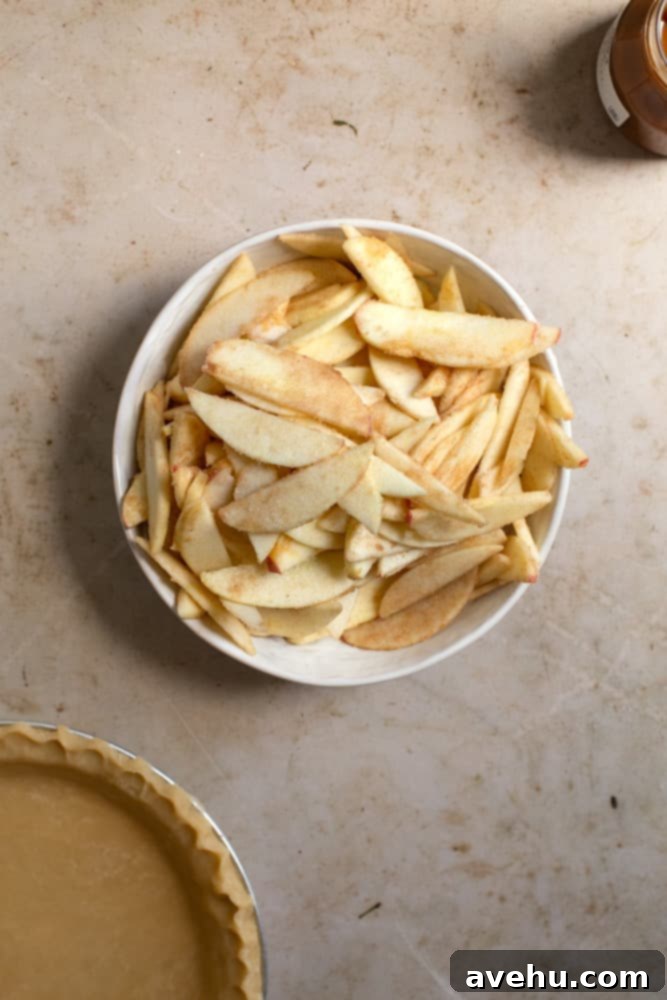 Sweet & Simple Caramel Apple Lattice Pie 5 Apple slices being coated evenly with flour, sugar, and cinnamon in a large mixing bowl.