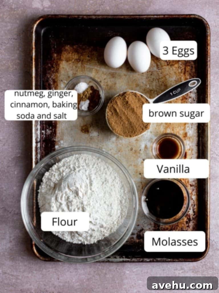 Gingerbread Biscotti with a Frosty Crunch 3 A collection of ingredients for gingerbread biscotti cookies, including eggs, molasses, spices, and flour, neatly arranged on a pink background.