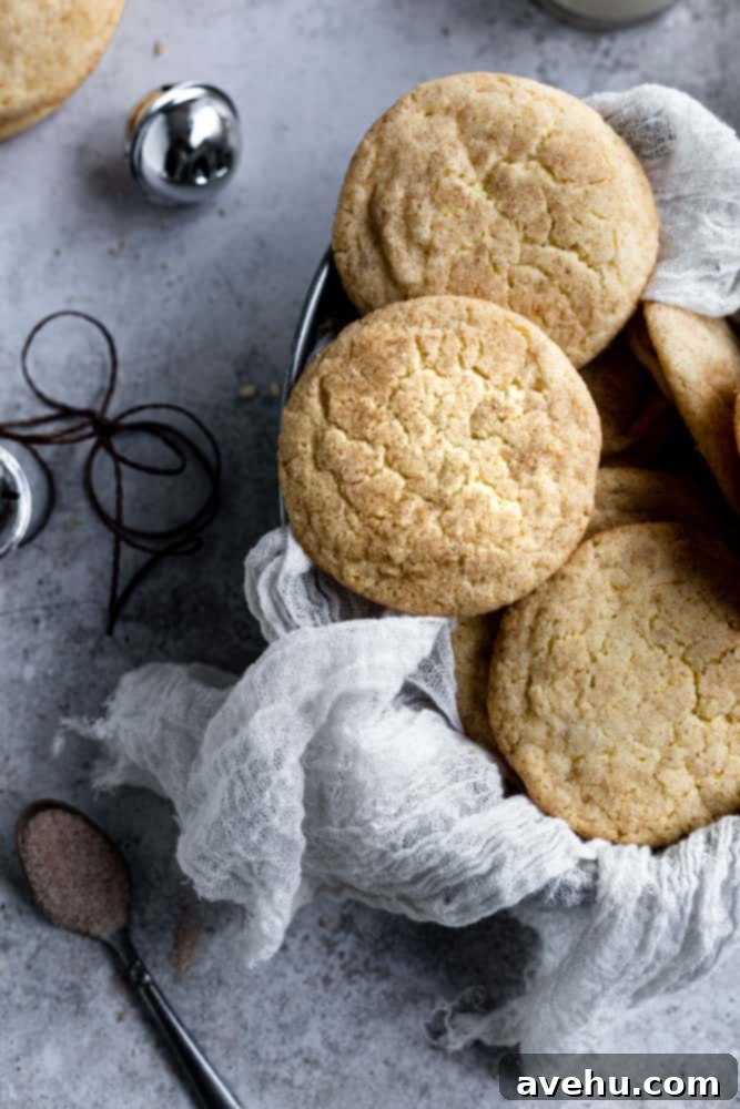 Festive 25-Minute Eggnog Snickerdoodle Cookies 2 A festive tray of Eggnog Snickerdoodle Cookies lined with cheesecloth on a textured background, showcasing their golden color and cinnamon sugar coating.