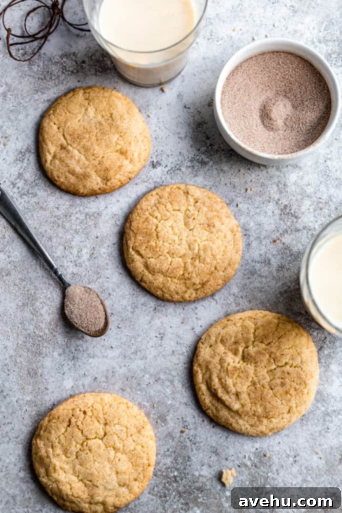 Festive 25-Minute Eggnog Snickerdoodle Cookies 7 A festive arrangement of Eggnog Snickerdoodle Cookies on a textured background, with a small bowl of cinnamon sugar nearby, highlighting their perfect texture.