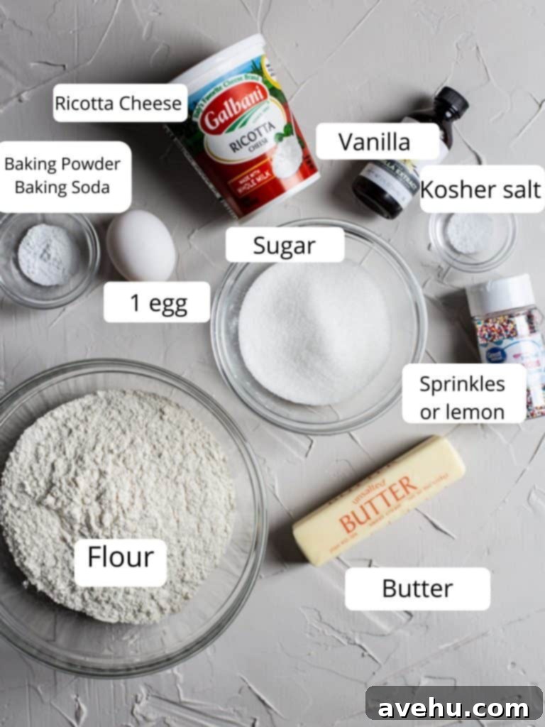Cloud-Soft Italian Ricotta Cookies 3 Collection of fresh ingredients for Italian ricotta cookies: softened unsalted butter, granulated sugar, a large egg, whole milk ricotta cheese, vanilla extract, all-purpose flour, baking powder, baking soda, kosher salt, lemons, sprinkles, confectioners sugar, and milk.