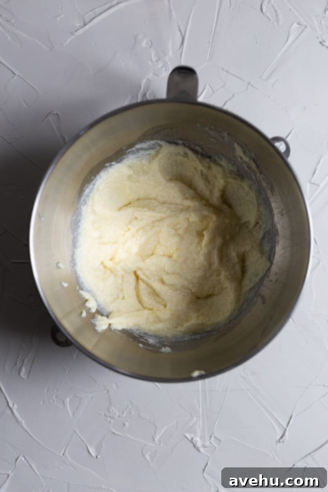 Cloud-Soft Italian Ricotta Cookies 4 Close-up of fluffy, slightly sticky ricotta cookie batter in a clear mixing bowl, showing its soft consistency before chilling.