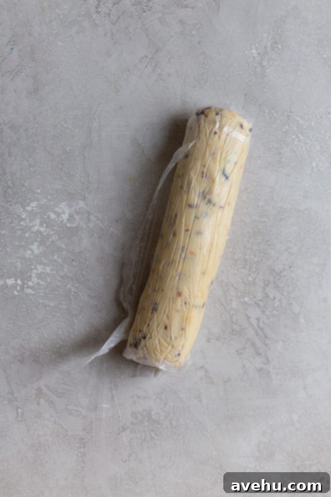 Cloudlike Cranberry Shortbread Delights 5 A perfectly shaped log of cranberry orange shortbread dough, securely wrapped in plastic wrap and ready for its essential chilling period.