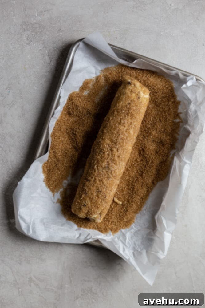 Cloudlike Cranberry Shortbread Delights 6 A chilled log of cookie dough being thoroughly rolled in turbinado sugar on a rimmed baking sheet, ensuring full and even coverage.