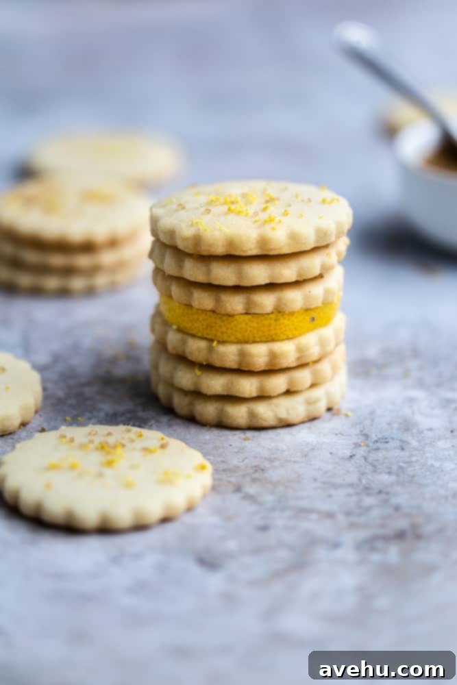 Cloud-Soft Lemon Shortbread 2 6 lemon shortbread cookies stacked on top of each other, showcasing their delicate texture and beautiful golden edges