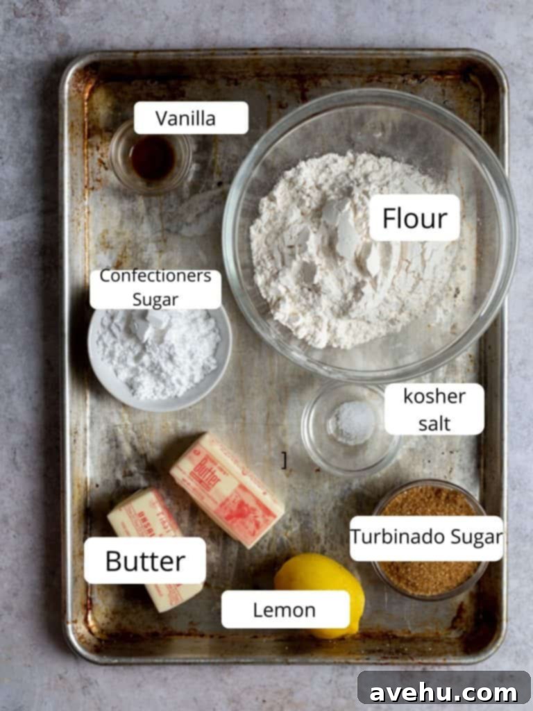 Cloud-Soft Lemon Shortbread 3 ingredients for lemon shortbread cookies, neatly laid out on a clean kitchen surface