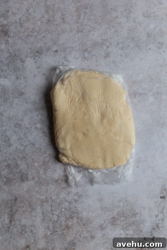 Cloud-Soft Lemon Shortbread 5 Shortbread dough wrapped in plastic wrap on a gray surface, ready for chilling in the refrigerator