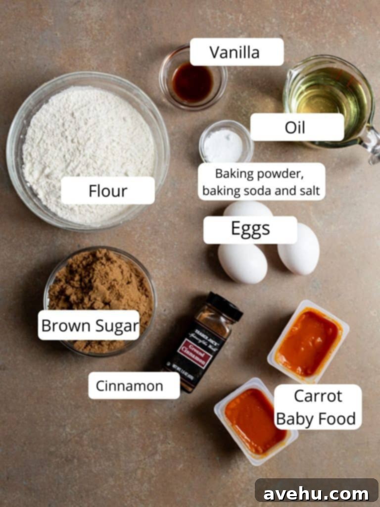Foolproof Moist Carrot Bundt 3 Various dry and wet ingredients for the carrot bundt cake laid out on a dark surface, including flour, brown sugar, eggs, oil, and carrot baby food jars. Clearly labeled as 'Cake Ingredients'.