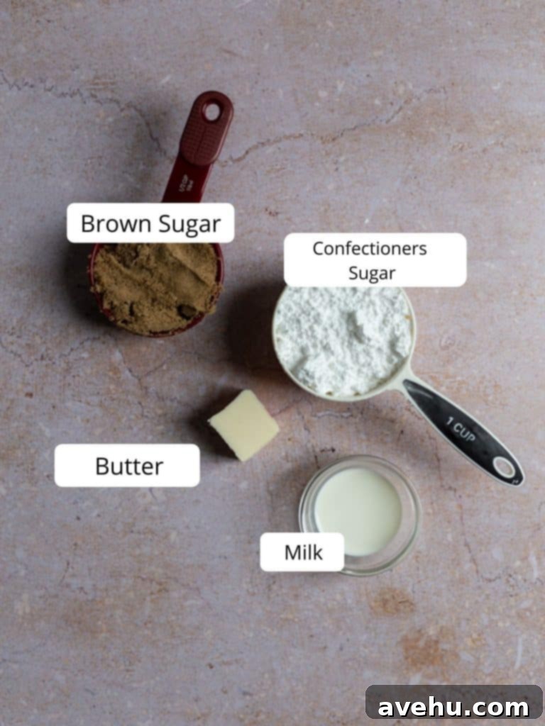 Foolproof Moist Carrot Bundt 4 Ingredients for making the brown sugar glaze, including butter, brown sugar, powdered sugar, and a small amount of milk, arranged on a dark surface. Clearly labeled as 'Glaze Ingredients'.