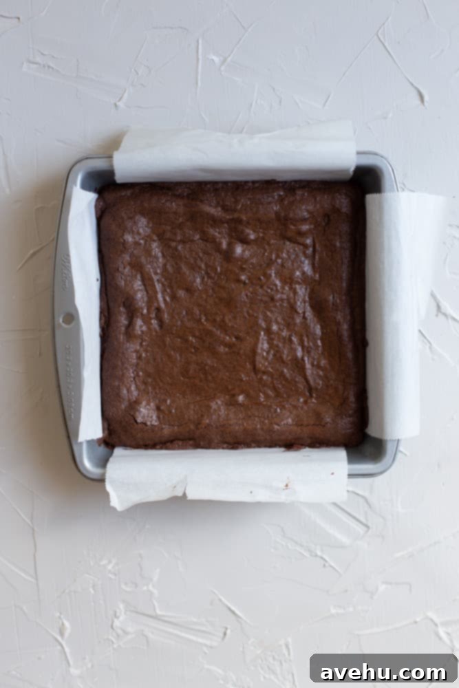Decadent 30-Minute One-Bowl Fudgy Brownies 5 Freshly baked fudgy brownies in an 8x8 inch parchment-lined pan, showing a slightly shiny and crinkled top