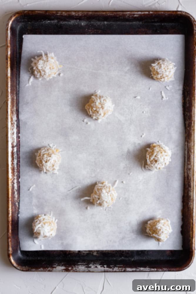 Golden Coconut Delights 5 Chilled coconut cookie dough balls lined on a parchment-lined cookie sheet, ready for baking.