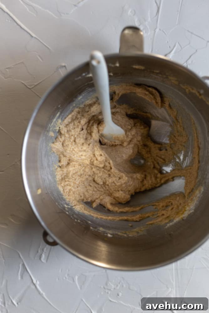 Zesty Orange Crunch-Chews 4 Wet cookie batter in a stainless steel bowl after the initial ingredients have been mixed.