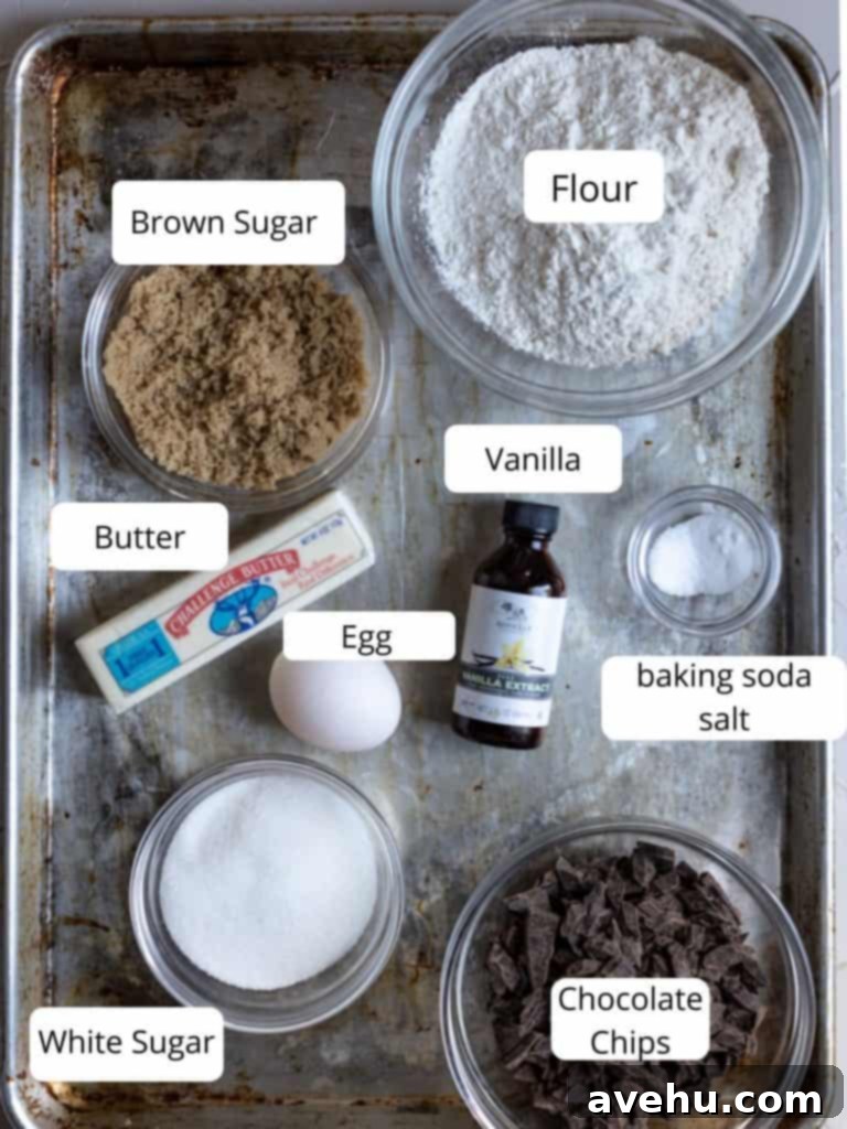 Ultimate Gooey Skillet Chocolate Chip Cookie 4 Common ingredients for a skillet cookie laid out on a table