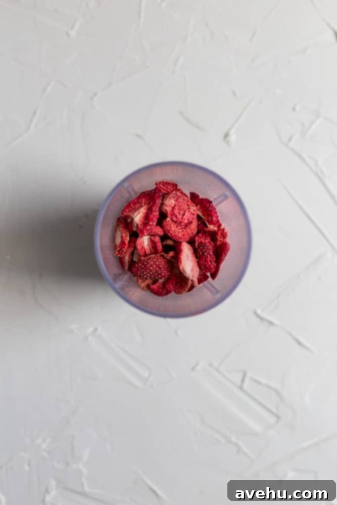 Quick Strawberry Fudge Brownies 3 Whole freeze-dried strawberries in a mini blender, ready to be pulverized for brownie batter