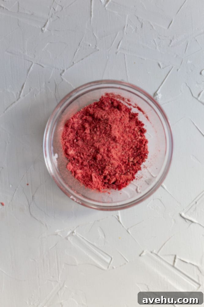 Quick Strawberry Fudge Brownies 4 Finely ground, pulverized freeze-dried strawberry powder in a clear glass bowl, ready for baking