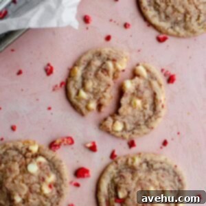 Decadent Strawberry Chewies 16 A close-up of a broken strawberry cookie on a pink surface, highlighting its chewy interior with visible white chocolate and strawberry flecks.