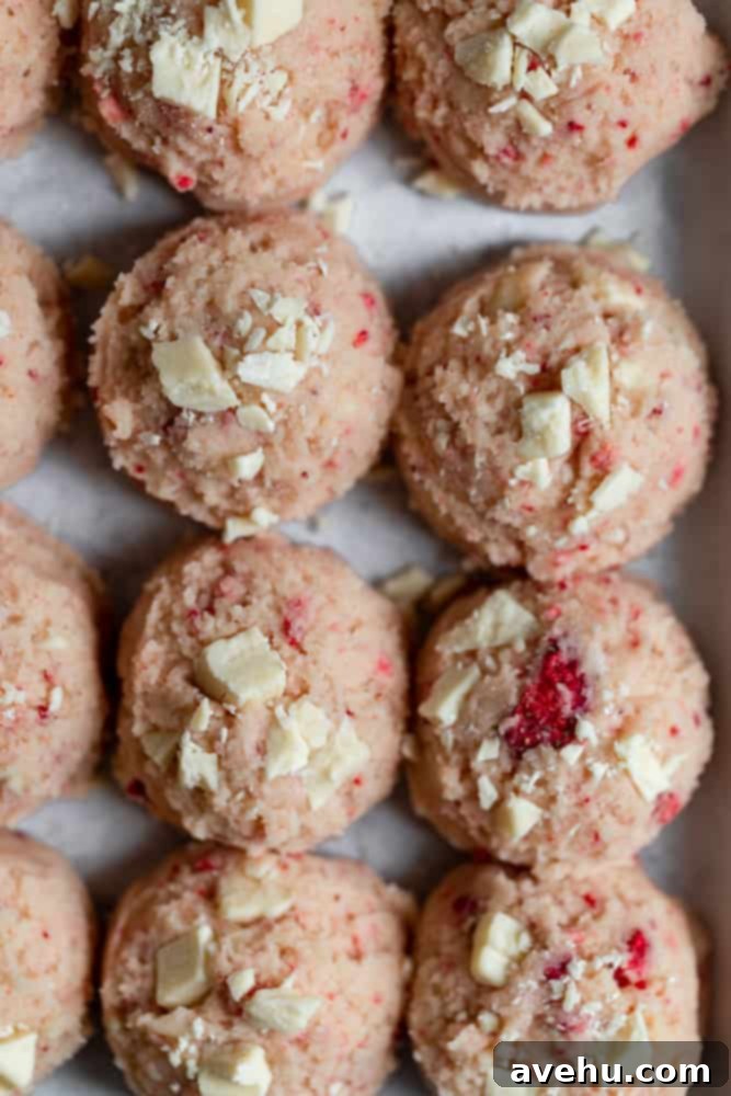 Decadent Strawberry Chewies 13 Neatly scooped strawberry cookie dough balls adorned with extra white chocolate chips, arranged on a parchment-lined cookie sheet before chilling.