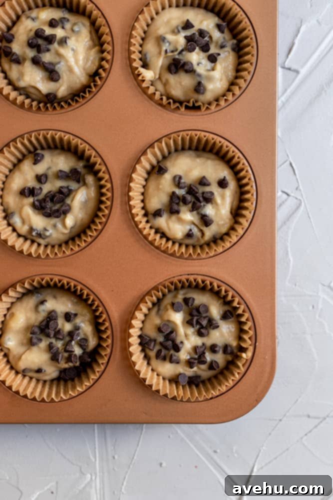 Simple and Scrumptious Banana Chocolate Chip Muffins 7 A muffin tin filled with chocolate chip banana muffin batter, topped with extra chocolate chips.