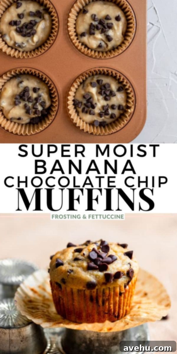 Simple and Scrumptious Banana Chocolate Chip Muffins 9 Pinterest pin for super moist banana chocolate chip muffins, with text overlay prompting users to save the recipe.