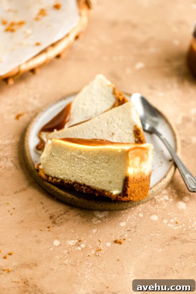 Salted Caramel Cheesecake 11 Three perfectly presented slices of salted caramel cheesecake on a elegant gray plate, with a spoon resting beside them.