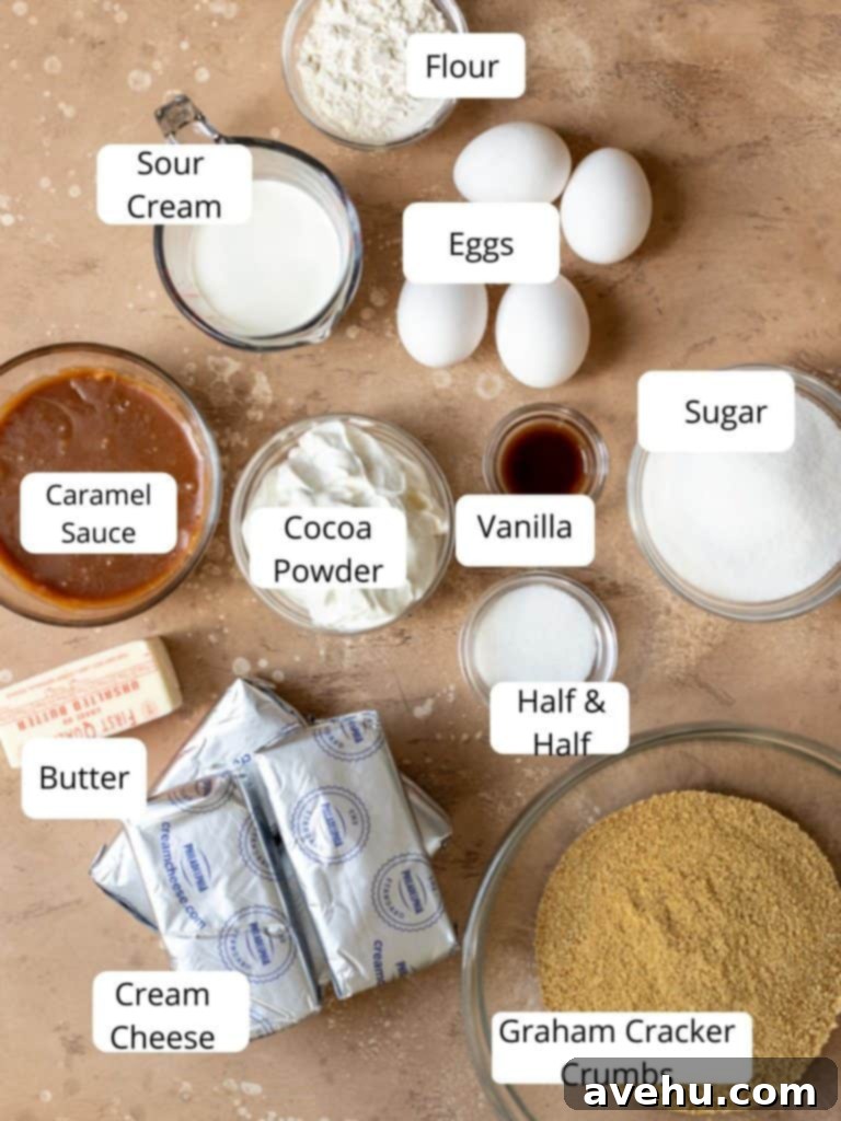 Salted Caramel Cheesecake 3 A selection of ingredients for the salted caramel cheesecake recipe, including graham crackers, butter, and granulated sugar.