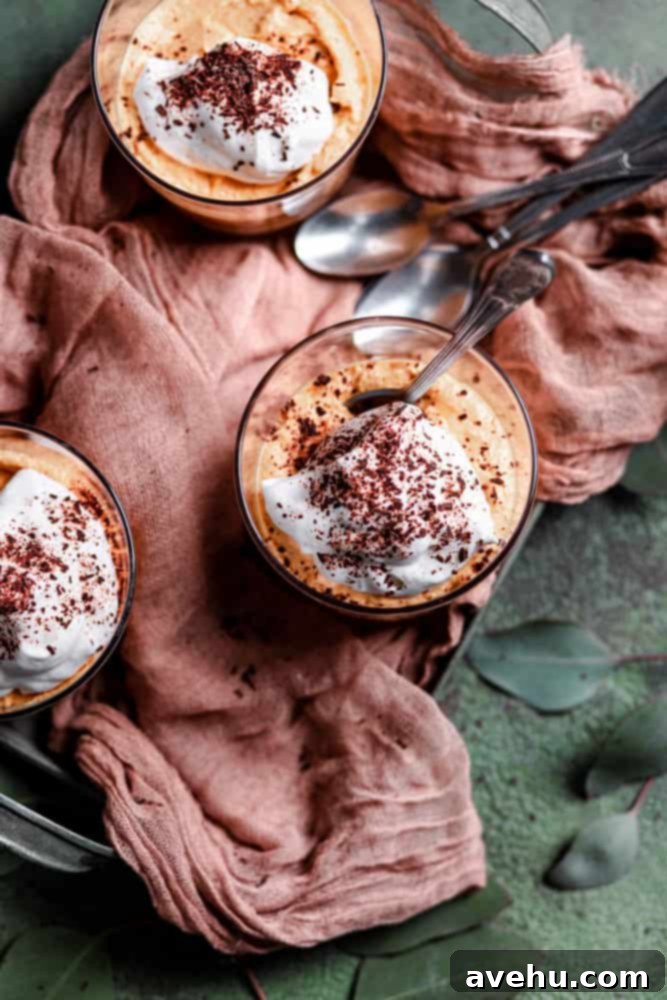 Simple Creamy Pumpkin Mousse Egg Free 2 Overhead shot of a cup of pumpkin mousse with a spoon inside, garnished with whipped cream and chocolate shavings.