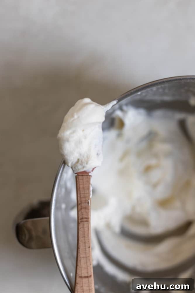 Simple Creamy Pumpkin Mousse Egg Free 5 A mini spatula holding up perfectly whipped cream, showing stiff peaks and a light, airy texture.