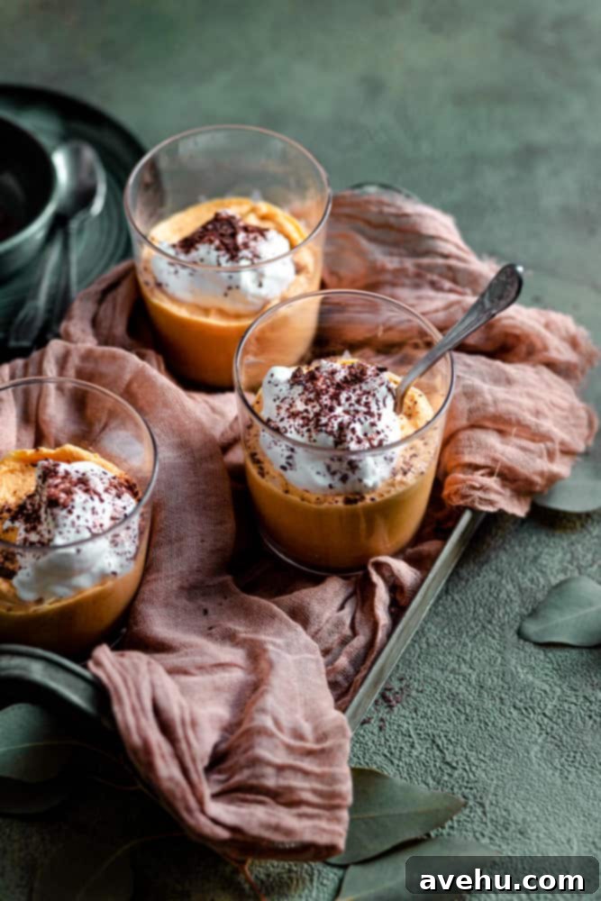 Simple Creamy Pumpkin Mousse Egg Free 6 Three individual pumpkin mousse cups, topped with whipped cream and chocolate shavings, sitting in a green tray on top of a pink cloth.