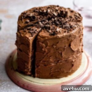 A small 6 inch chocolate cake with 1 slice cut out on an upside down pink bowl, highlighting its moist interior and rich chocolate buttercream. This image is part of the recipe for an easy, scratch-made small chocolate cake, serving up to 12.