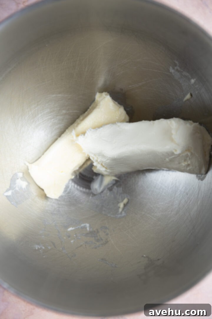 Effortless Pipeable Cream Cheese Frosting 3 Softened butter and cream cheese blocks ready in a mixing bowl for creaming.