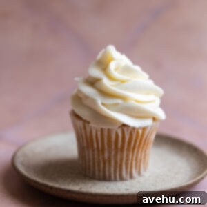A vanilla cupcake with cream cheese frosting on a stone plate.