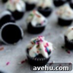 A mini chocolate chip cupcake frosted with vanilla and sprinkles on a gray surface