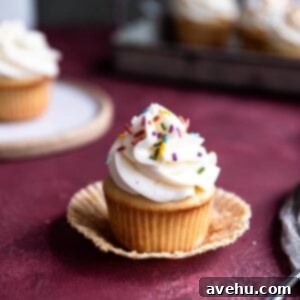 Effortless Vanilla Cupcakes from Scratch 2 A vanilla cupcake topped with vanilla buttercream and sprinkles on a deep red surface.