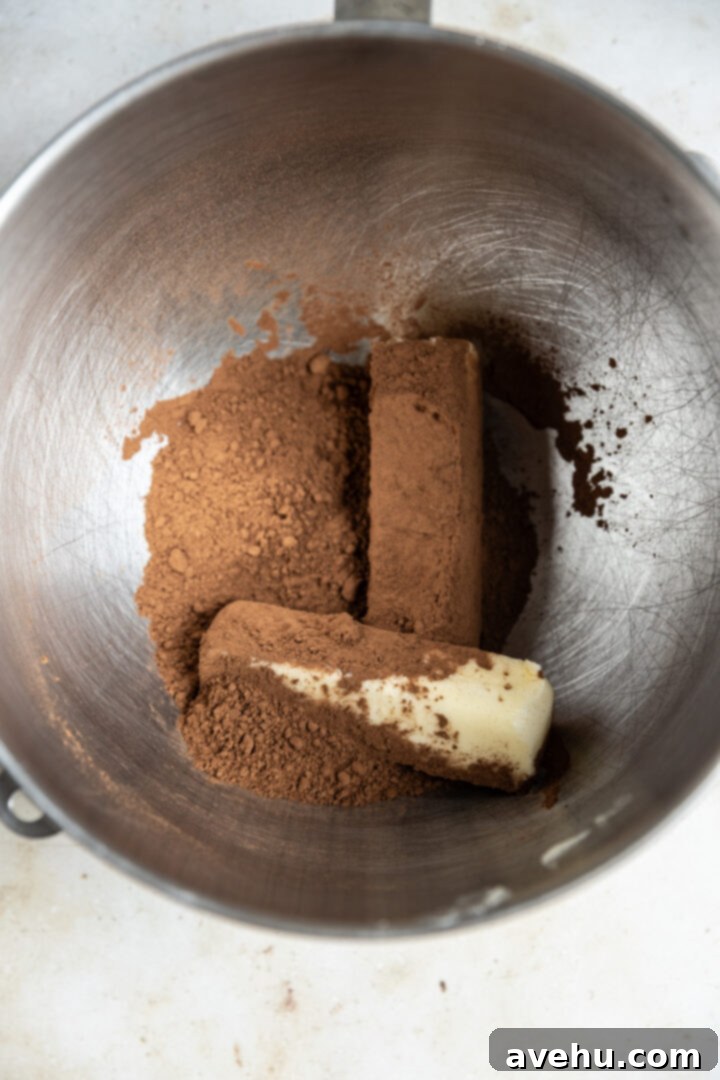 5-Minute Cocoa Chocolate Buttercream Frosting 3 Softened butter and unsweetened cocoa powder waiting in a mixing bowl, ready to be combined for the chocolate buttercream frosting.