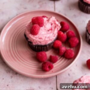Divine Raspberry-Filled Chocolate Cupcakes 2 A chocolate raspberry cupcake on a pink plate with raspberries next to it, topped with pink frosting.