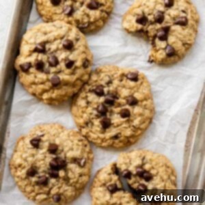 Cozy Small Batch Soft and Chewy Oatmeal Chocolate Chip Cookies 2 6 golden brown, soft and chewy small batch oatmeal chocolate chip cookies with melted chocolate chips, resting on parchment paper on a baking tray.