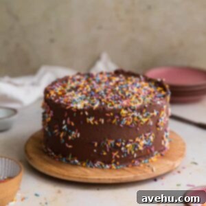 Velvet Chocolate Birthday Delight Dusted with Sprinkles 2 A chocolate birthday cake covered in rainbow sprinkles on a wooden round serving tray.