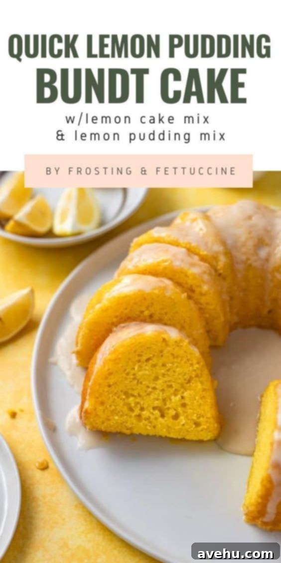 Quick & Moist Lemon Bundt Cake 3 A tall, vertically oriented Pinterest image promoting the quick lemon pudding bundt cake recipe, showing a slice of cake with glaze.
