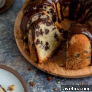 Ultimate Fluffy Chocolate Chip Bundt Cake 2 A slice of chocolate chip bundt cake cut out of the cake, showing its moist interior and chocolate chips.
