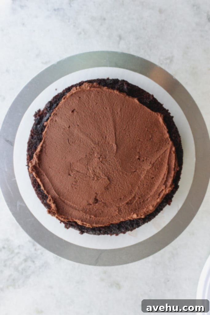 Elevate Your Cakes To Pro Level: 10 Essential Techniques 7 An overhead shot of chocolate frosting on top of a chocolate caking sitting on a cake stand